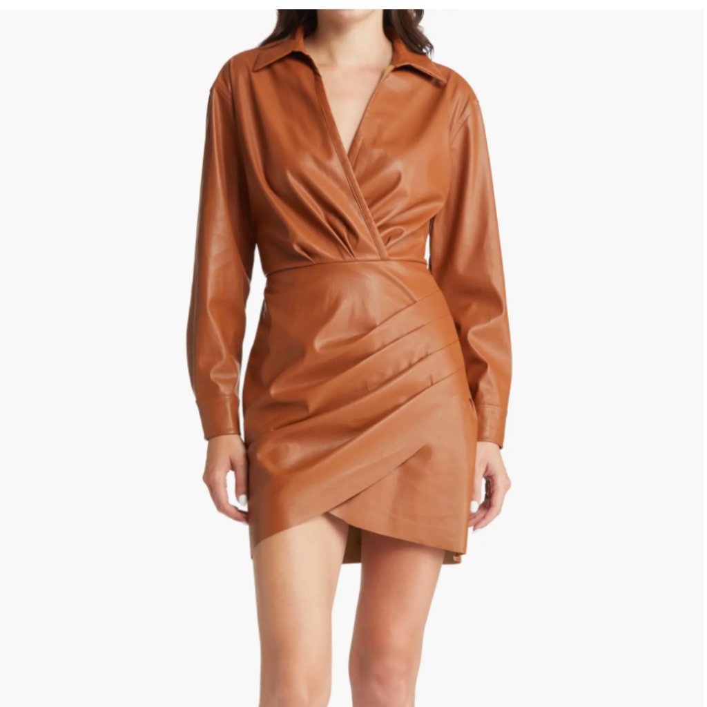 Nwt Saylor Romania Long Sleeve Faux Leather Shirtdress In Cognac Brown Xs